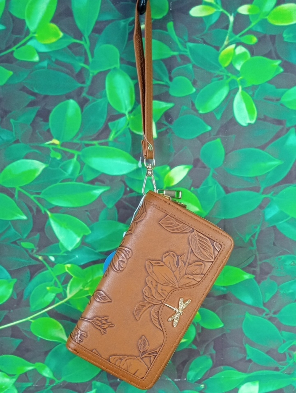 👜 Brown Floral Embossed Wristlet Wallet with Dragonfly Accent